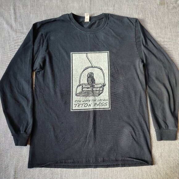 Teton Pass Ride With The Locals Shirt Size Medium Black Owl Chairlift - Picture 1 of 10